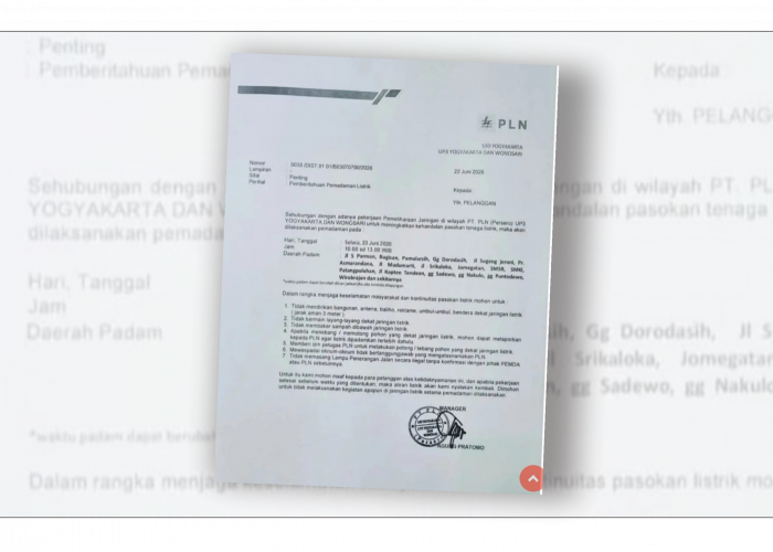 Hari ini, PLN Kembali Terapkan Pemadaman Terjadwal, Sejumlah Wilayah Yogyakarta Mati Lampu Selama Tiga Jam